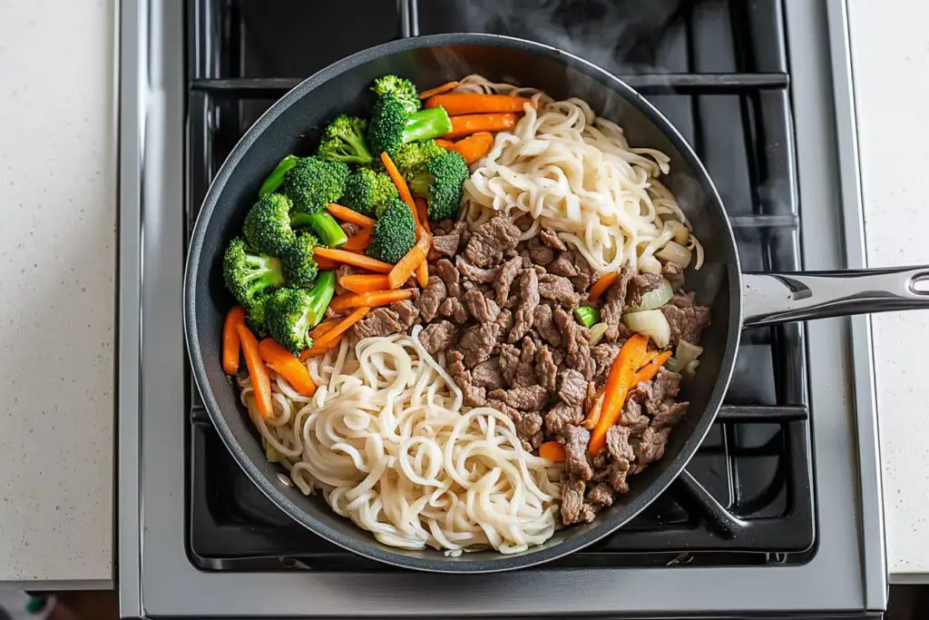 Beef and Vegetables Sizzling in the Skillet