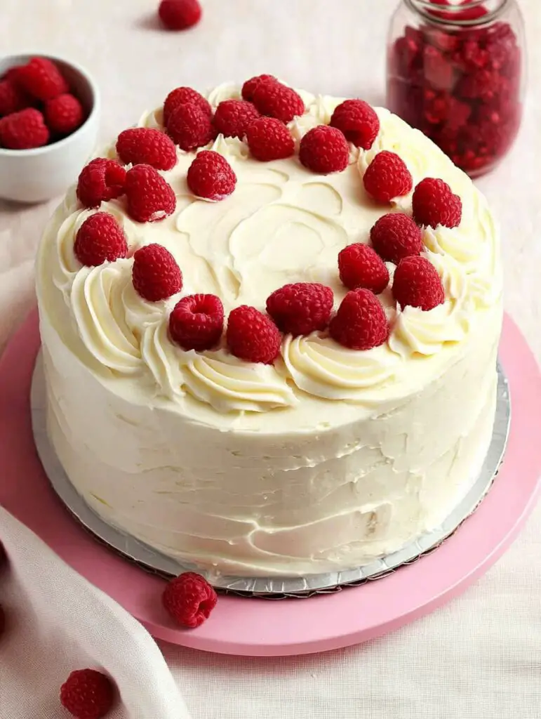 Fully Assembled White Chocolate Raspberry Cake