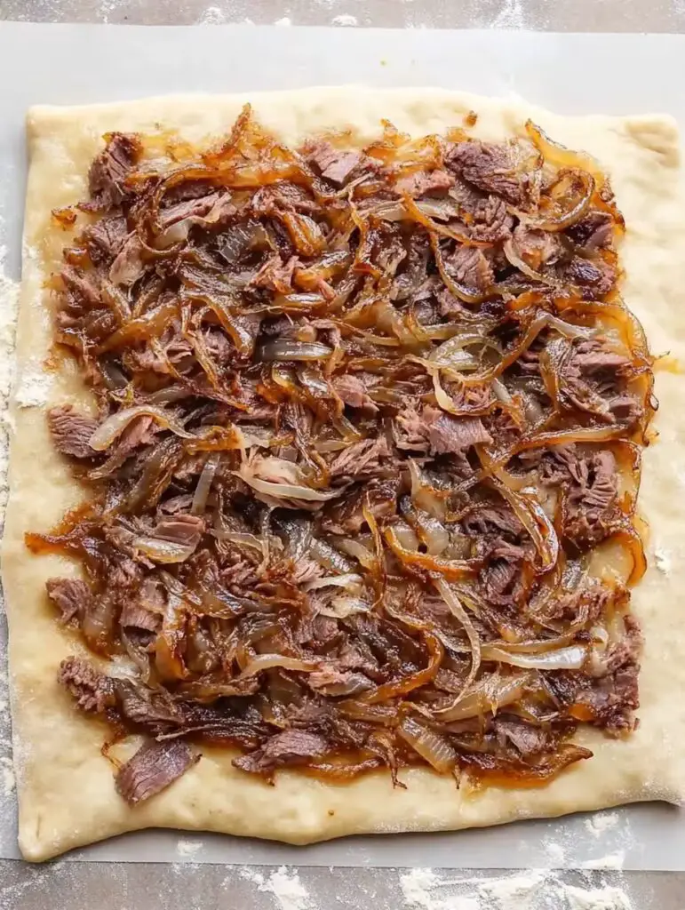 Layered Dough with Roast Beef and Caramelized Onions Ready to Roll