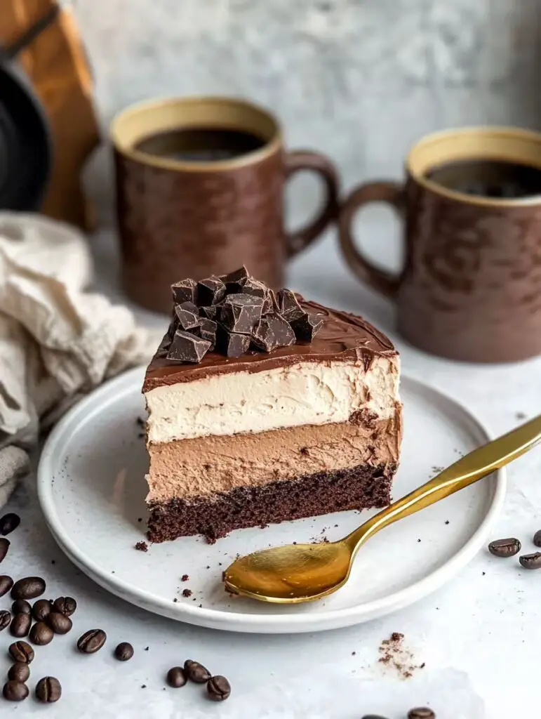 Plated Slice of Mocha Mousse Cake with Coffee Cups