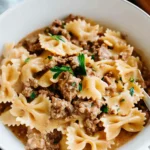 CREAMY GROUND BEEF AND BOWTIE PASTA